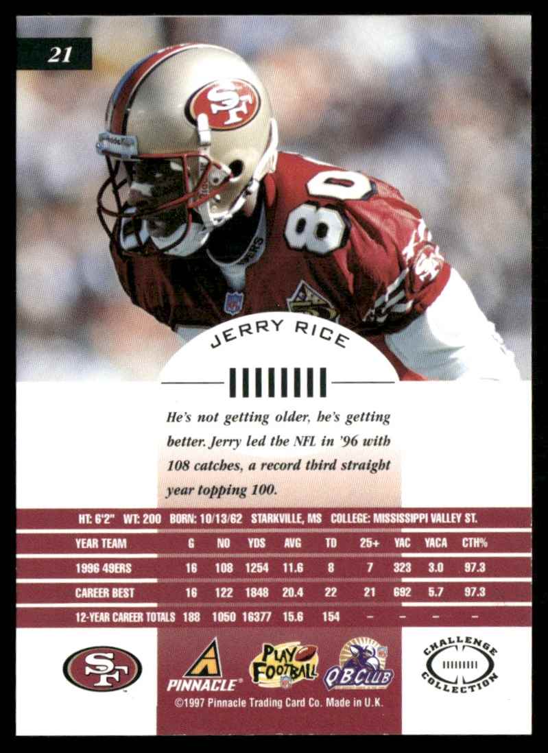 1997 Pinnacle Inscriptions Jerry Rice #21 card back image