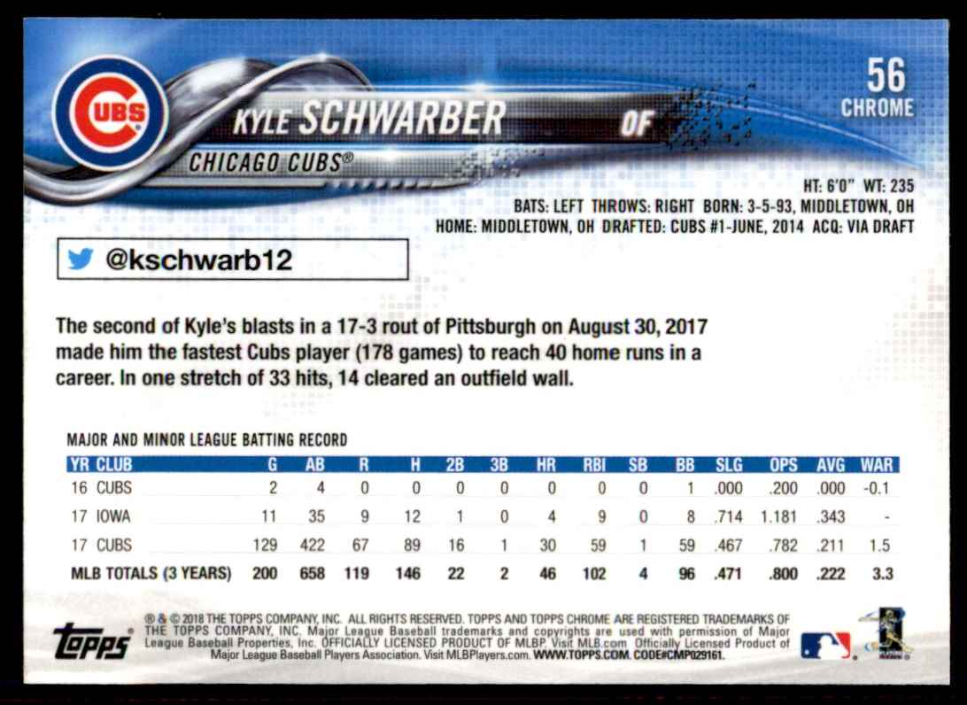 2018 Topps Chrome Kyle Schwarber #56 card back image
