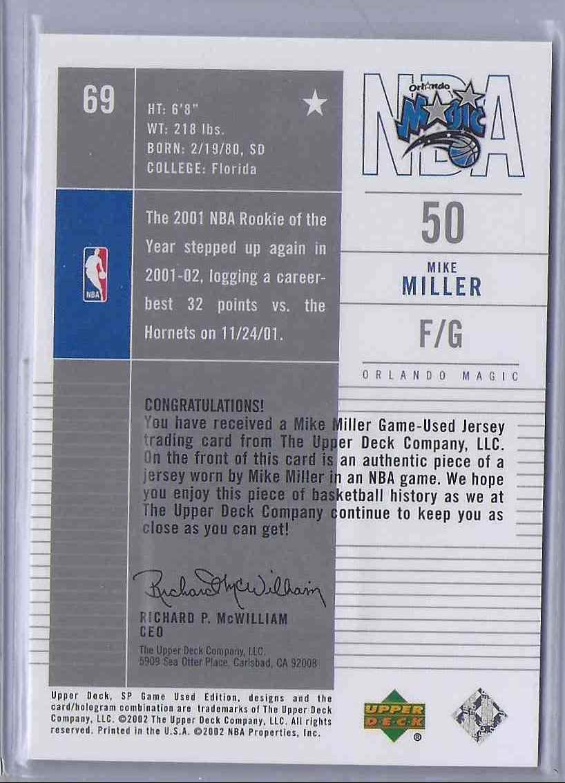 2002-03 SP Game Used Mike Miller JSY #69 card back image