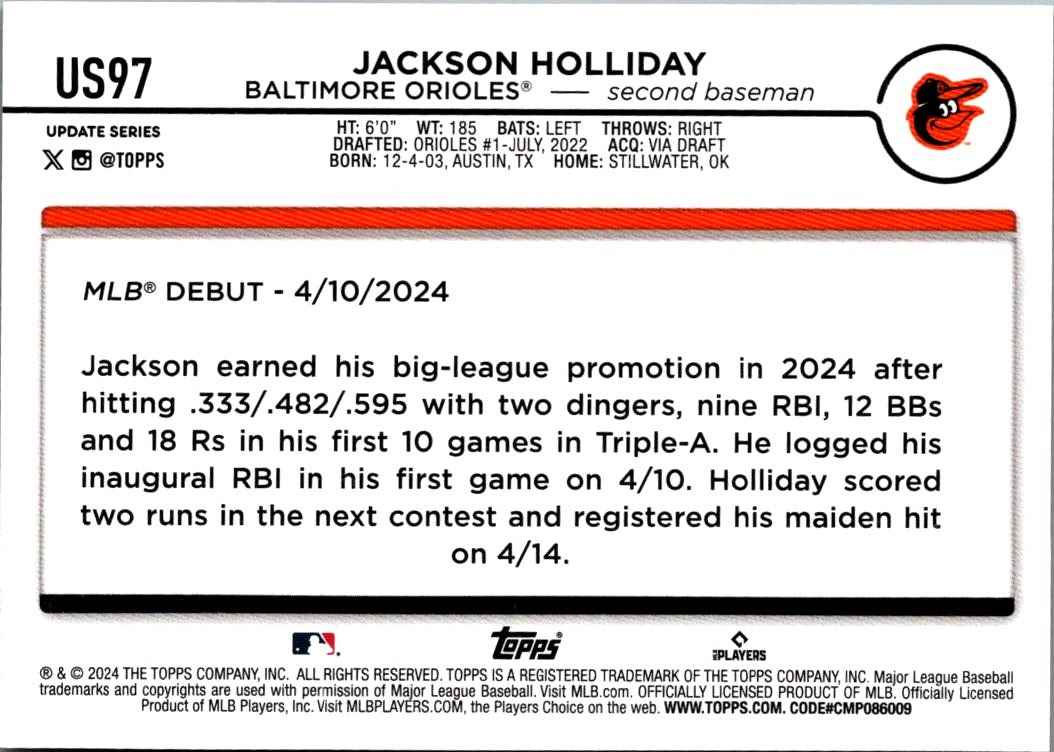 2024 Topps Update Jackson Holliday #US97 card back image