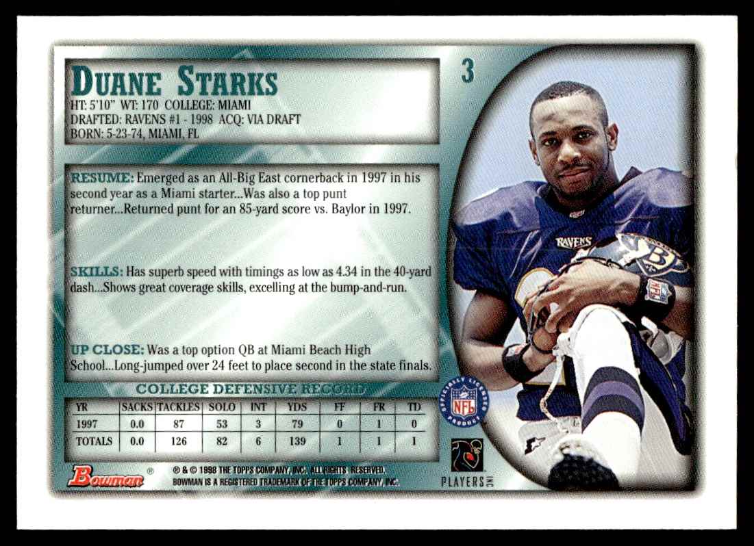 1998 Bowman Duane Starks #3 card back image
