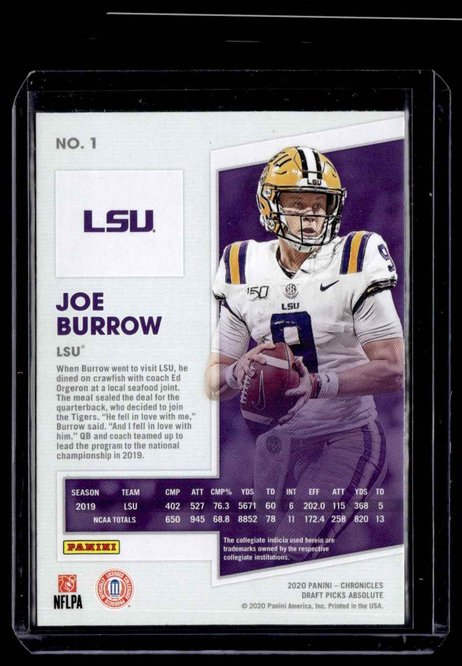 2020 Panini Absolute Rookie Draft Picks Chronicles Joe Burrow #1 card back image