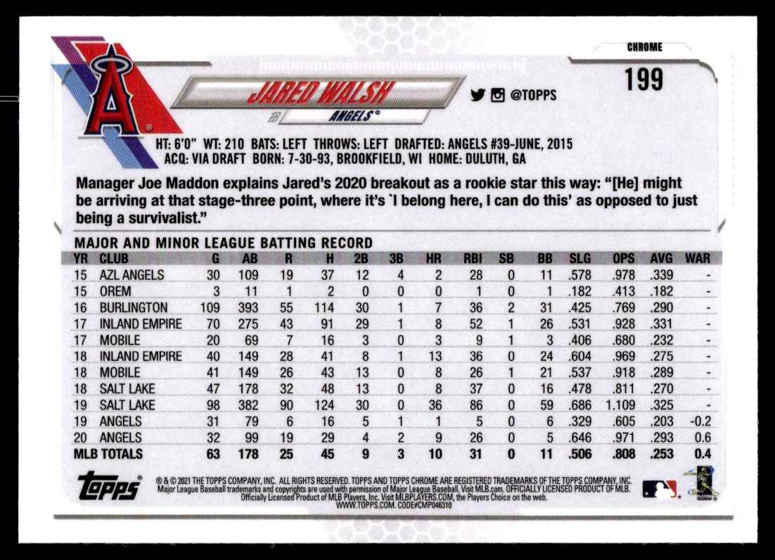 2021 Topps Chrome Jared Walsh #199 card back image