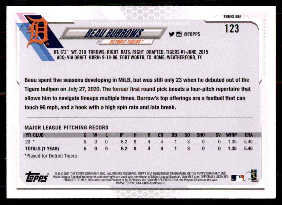 2021 Topps Error Half Logo Beau Burrows #123 card back image