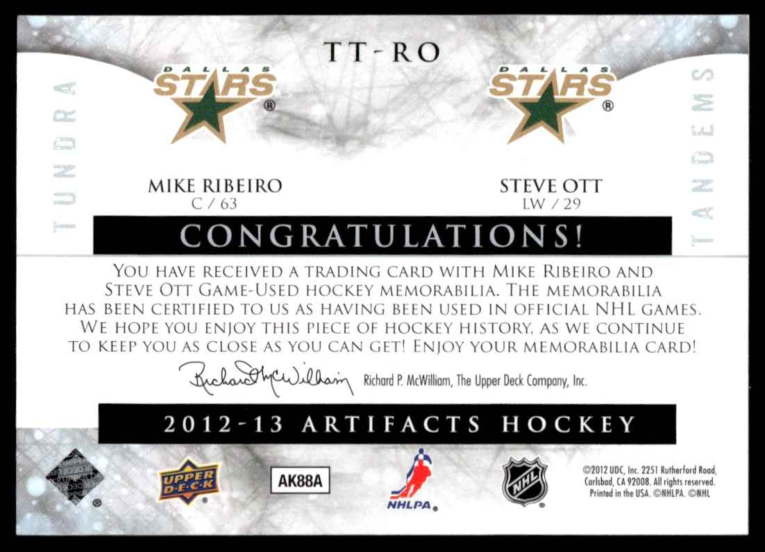 2012-13 Upper Deck Artifacts Tundra Tandems Blue Dual Jersey Mike Ribeiro/Steve Ott - card back image
