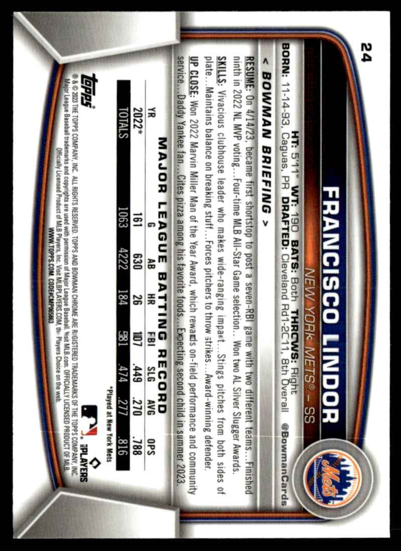 2023 Bowman Chrome Francisco Lindor #24 card back image