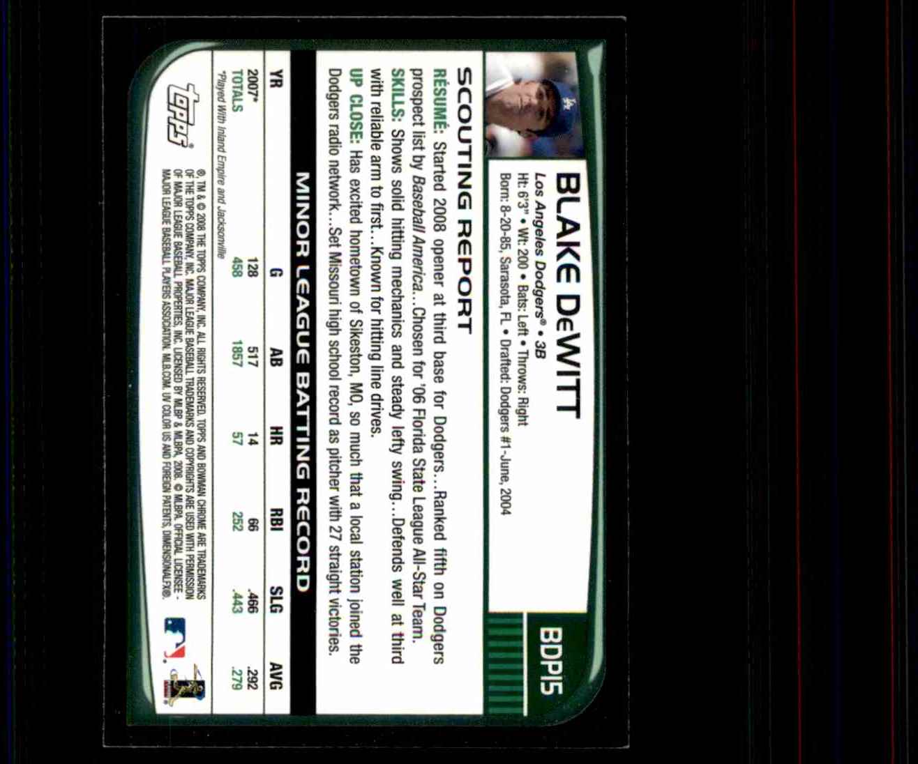 2008 Bowman Chrome Draft Blake DeWitt (Rc) #BDP15 card back image