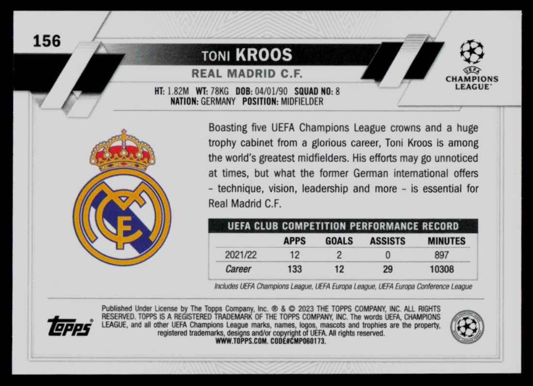 2022 Topps Chrome UEFA Club Competitions Toni Kroos #156 card back image