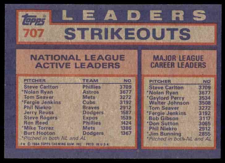 1984 Topps Carlton/Ryan/Seaver - Nl Career Strikeout Leaders #707 card back image
