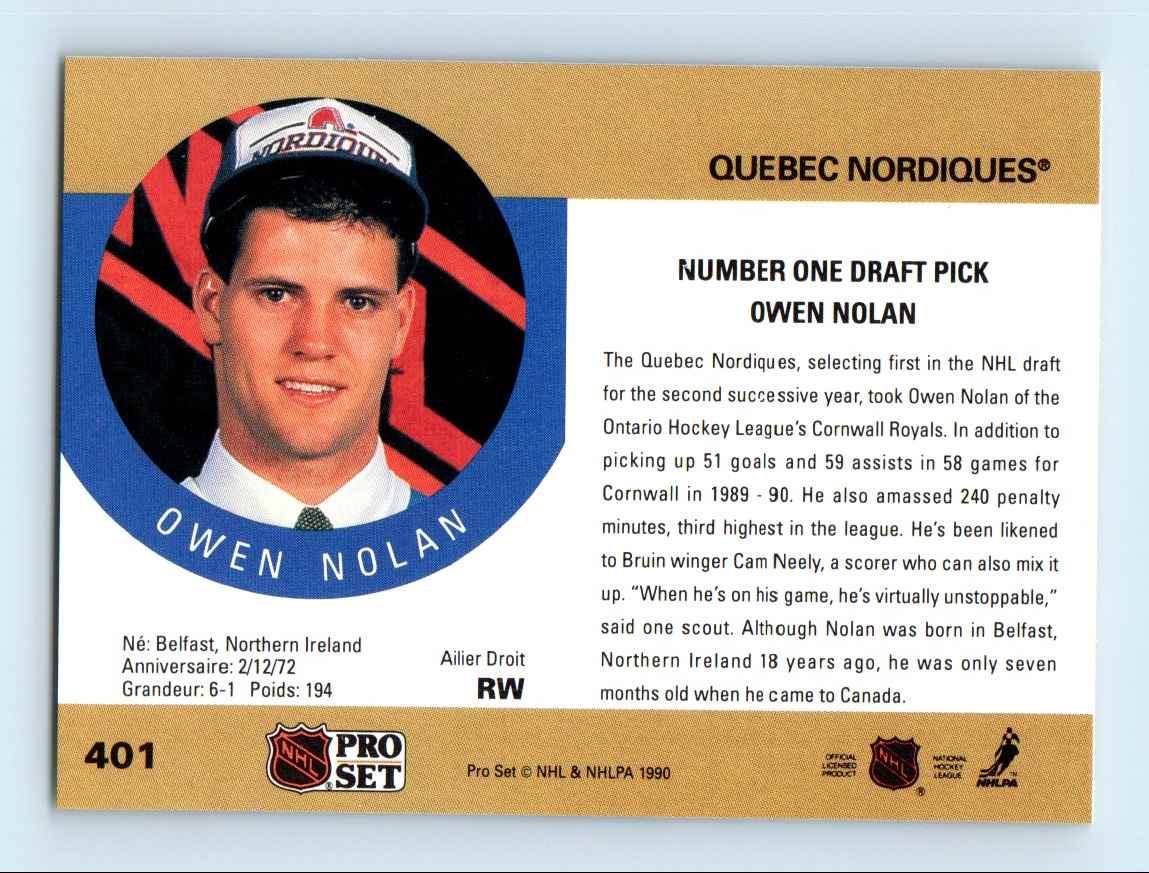 1990-91 NHL Pro Set Owen Nolan #401 card back image