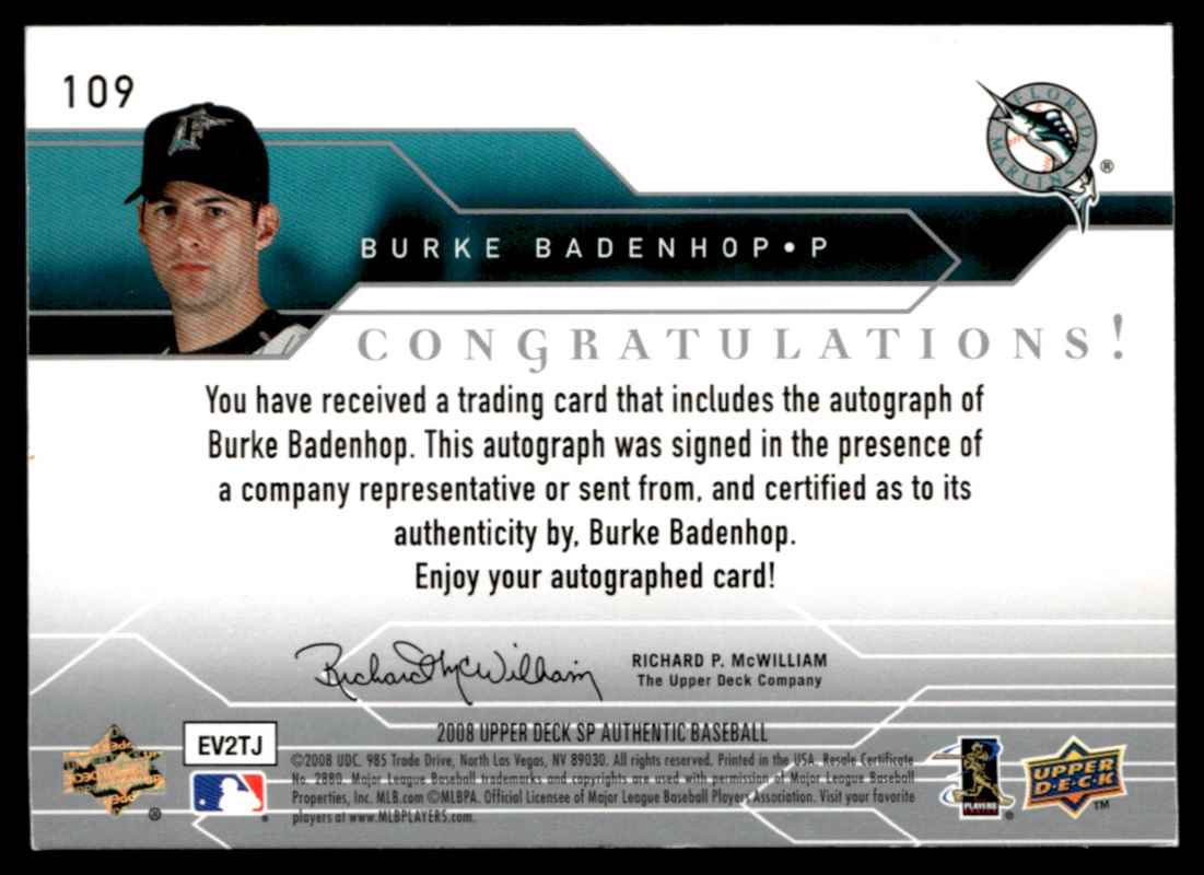 2008 SP Authentic Burke Badenhop #109 card back image