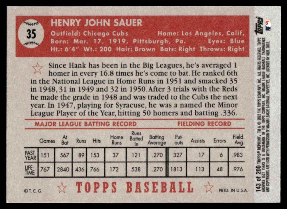 2002 Topps Archives Hank Sauer #143 card back image