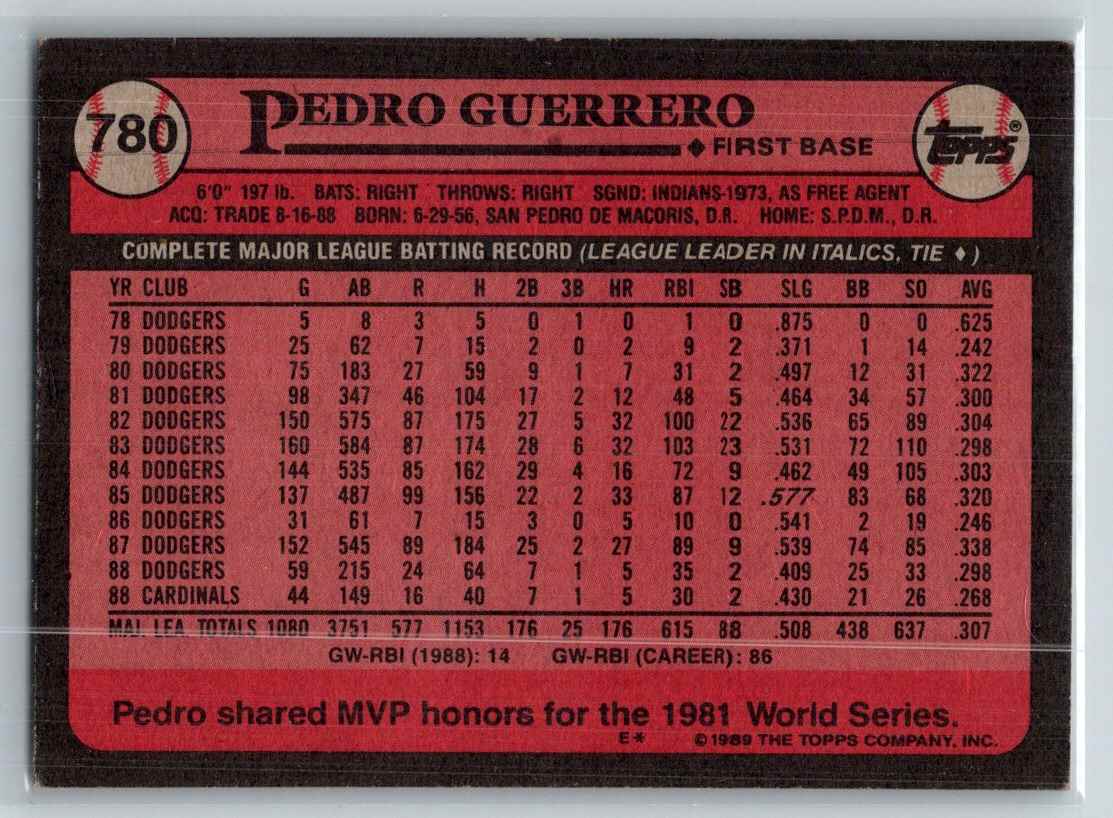 1989 Topps Pedro Guerrero #780 card back image
