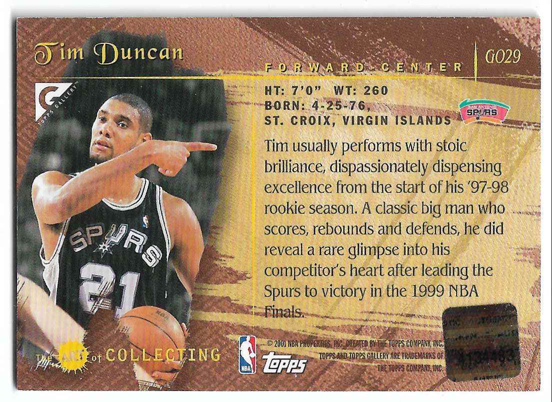 1999-00 Topps Gallery Originals Tim Duncan #GO29 card back image