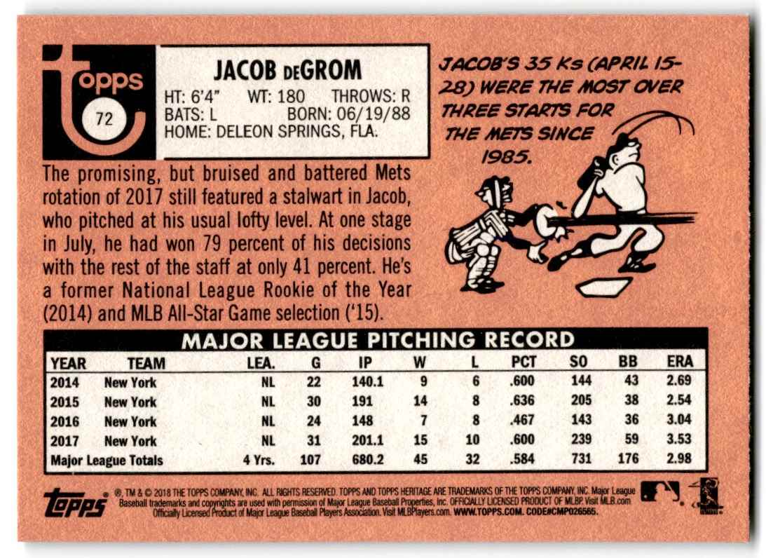 2017 Topps Tribute Jacob deGrom #72 card back image