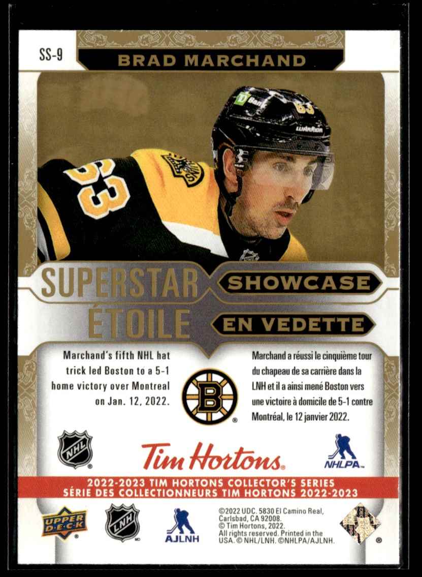 2022-23 Upper Deck Tim Hortons Superstar Showcase Brad Marchand #SS-9 card back image