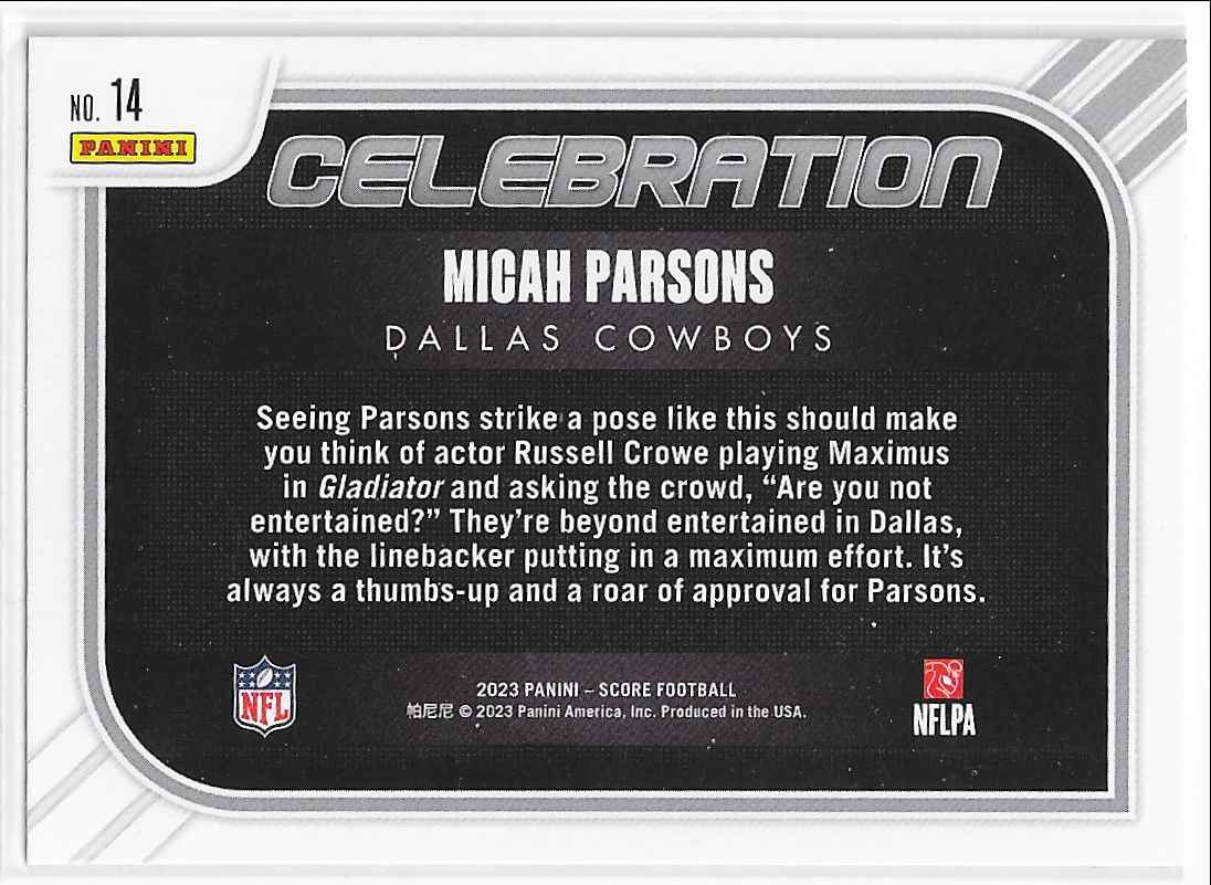 2023 Score Celebration Micah Parsons #14 card back image