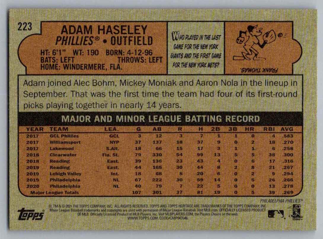2021 Topps Heritage Adam Haseley #223 card back image