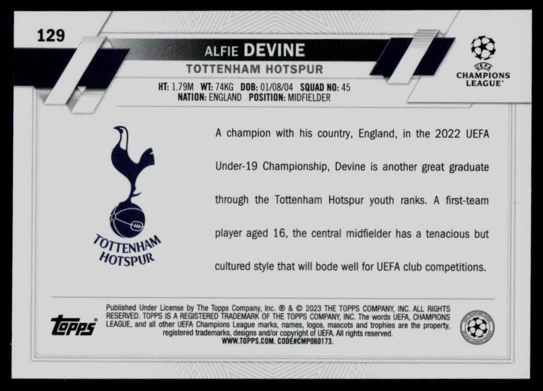 2022 Topps Chrome UEFA Club Competitions Alfie Devine #129 card back image