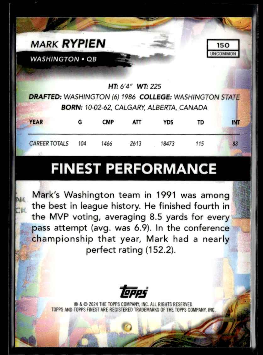 2024 Finest Blue Refractor Mark Rypien #150 card back image