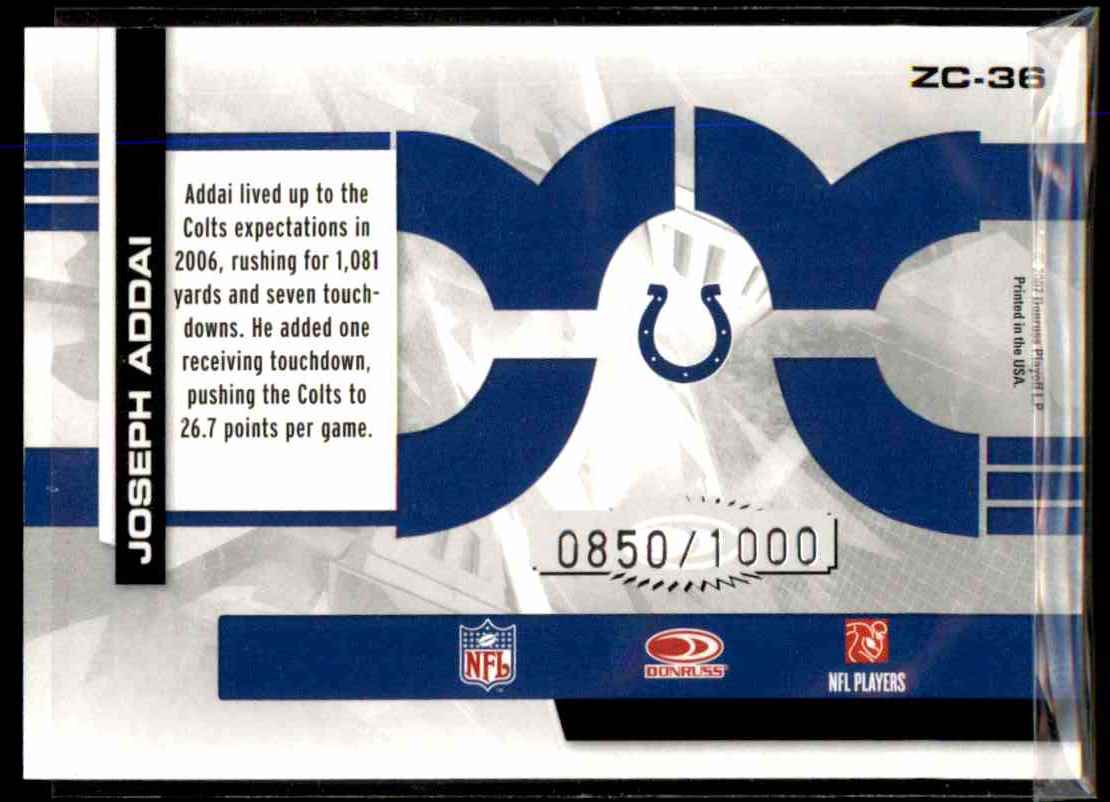 2007 Donruss Elite Zoning Commission Gold Joseph Addai #36 card back image