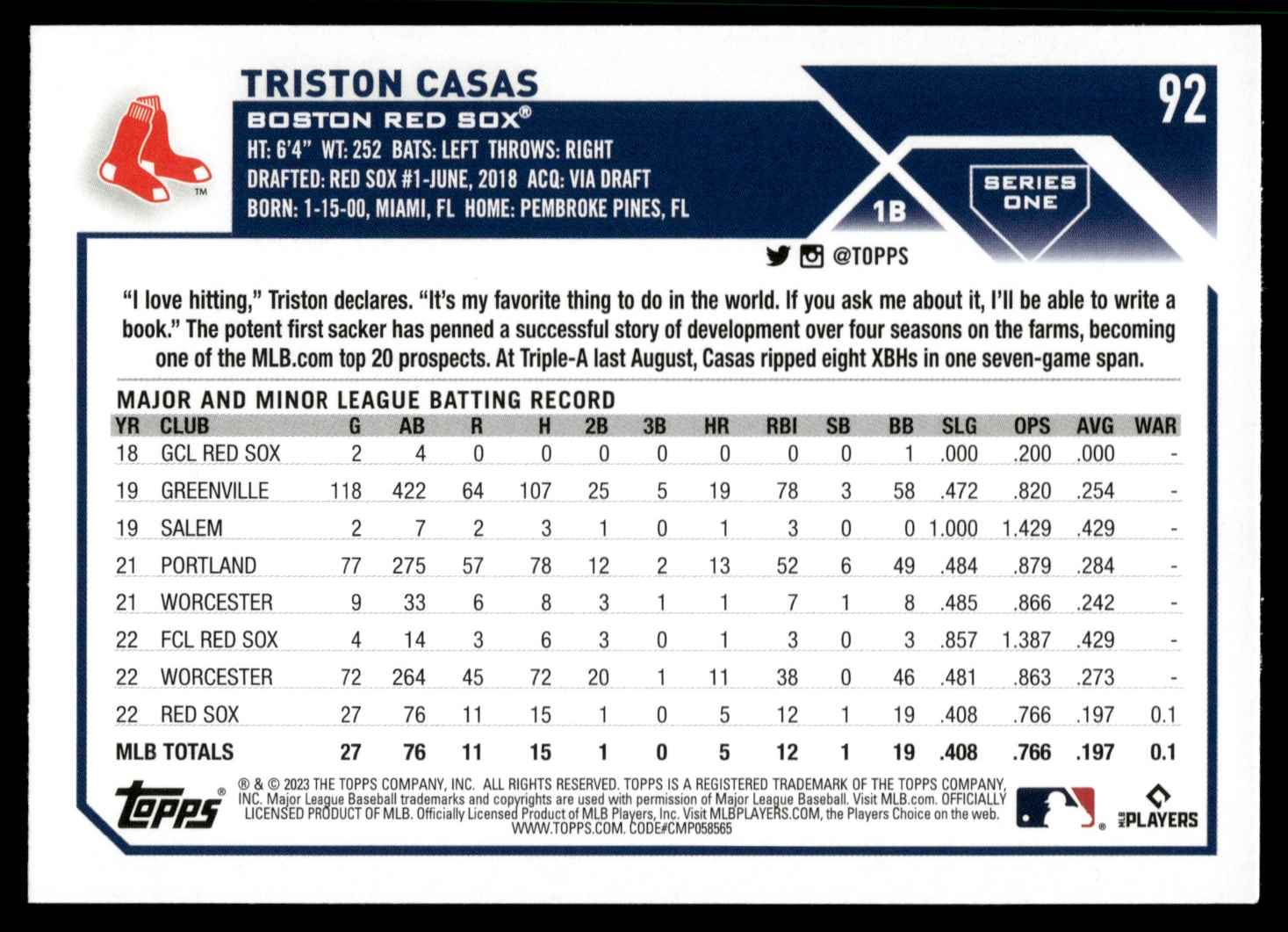 2023 Topps Triston Casas #92 card back image
