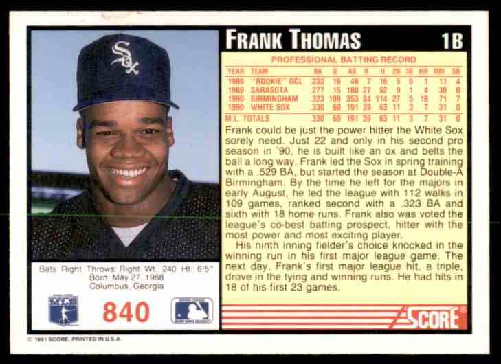 1991 Score Frank Thomas #840 card back image