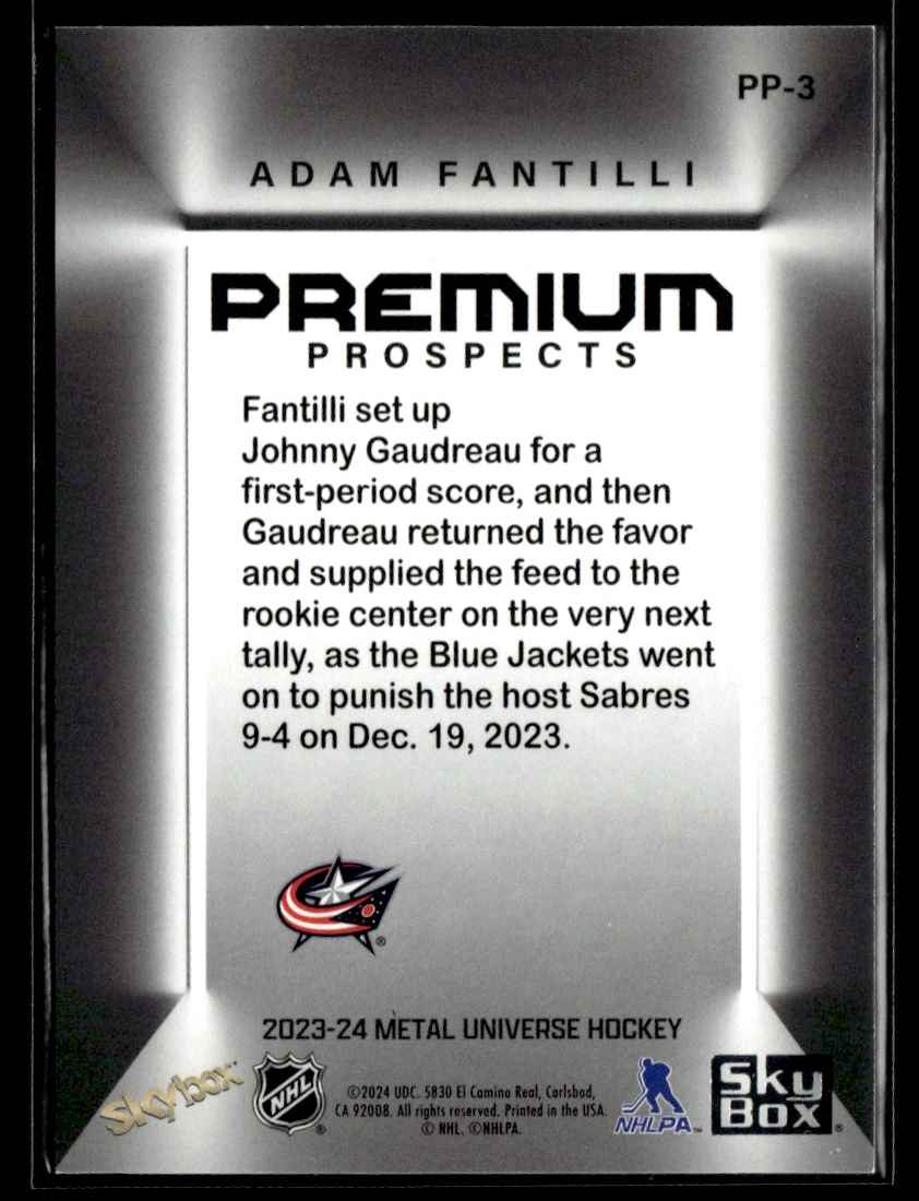 2023-24 SkyBox Metal Universe Premium Prospects Adam Fantilli #PP-3 card back image