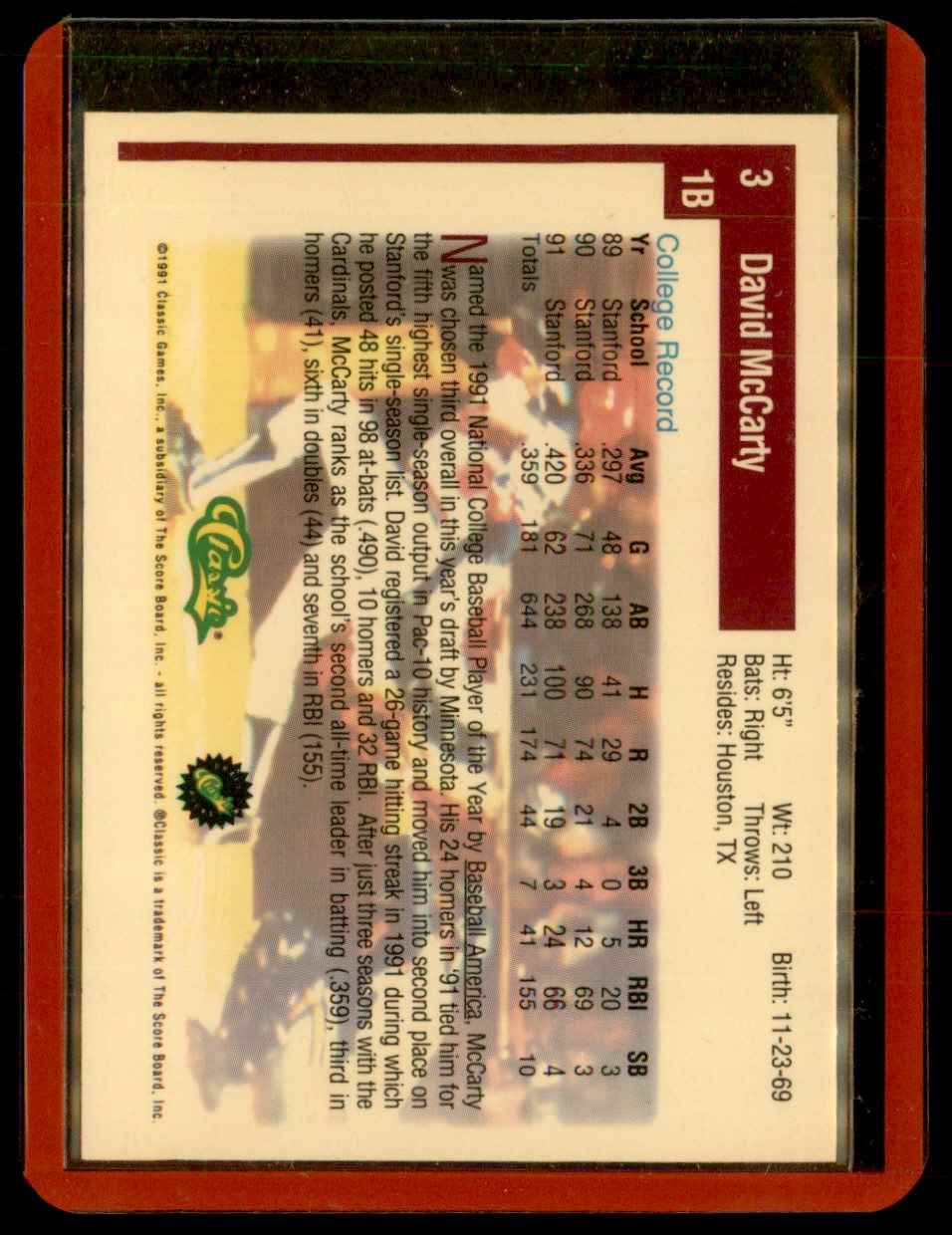 1991 Classic Draft Picks David McCarty #3 card back image