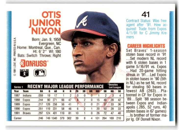 1992 Donruss Otis Nixon #41 card back image