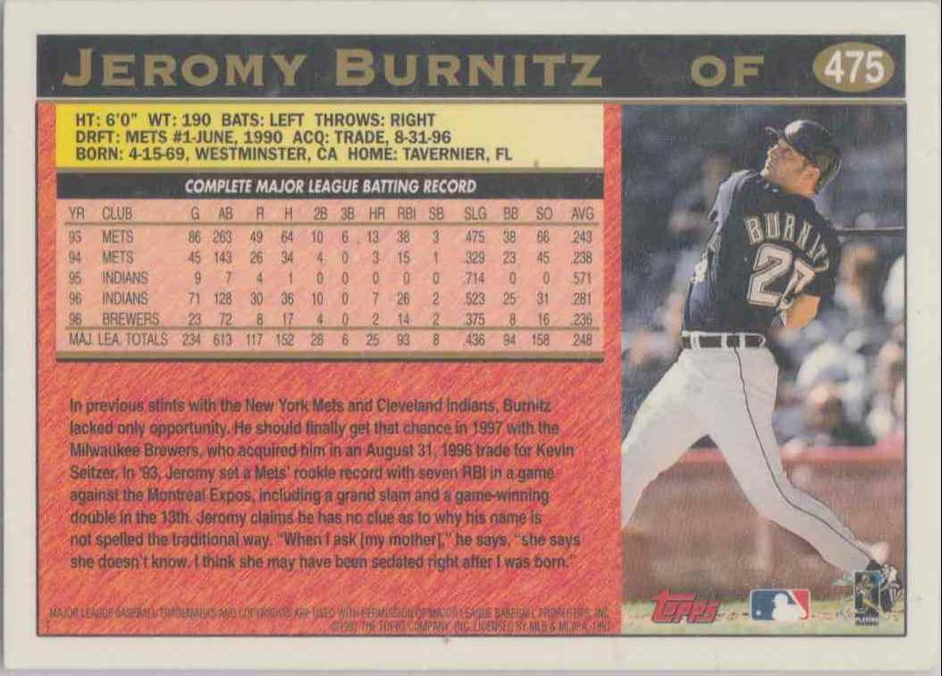 1997 Topps Jeromy Burnitz #475 card back image
