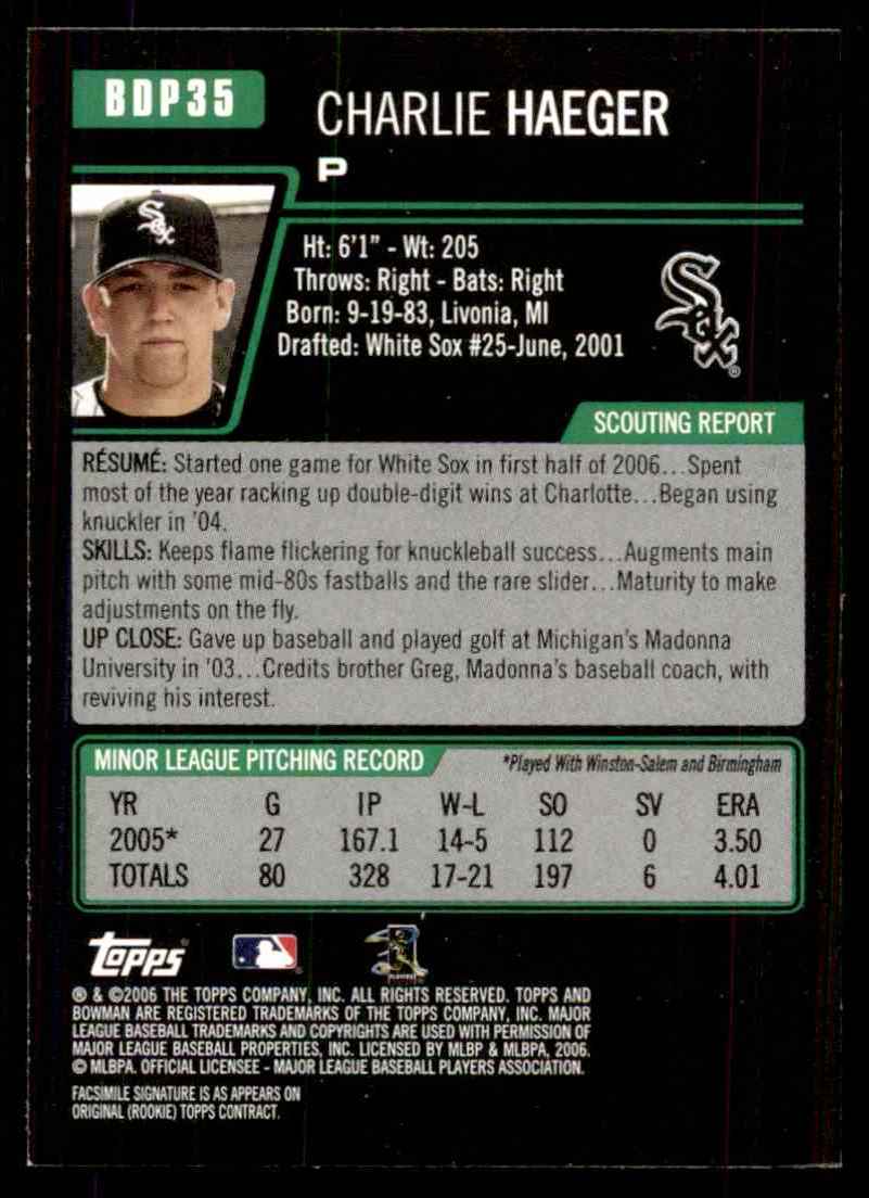 2006 Bowman Draft Charlie Haeger #35 card back image
