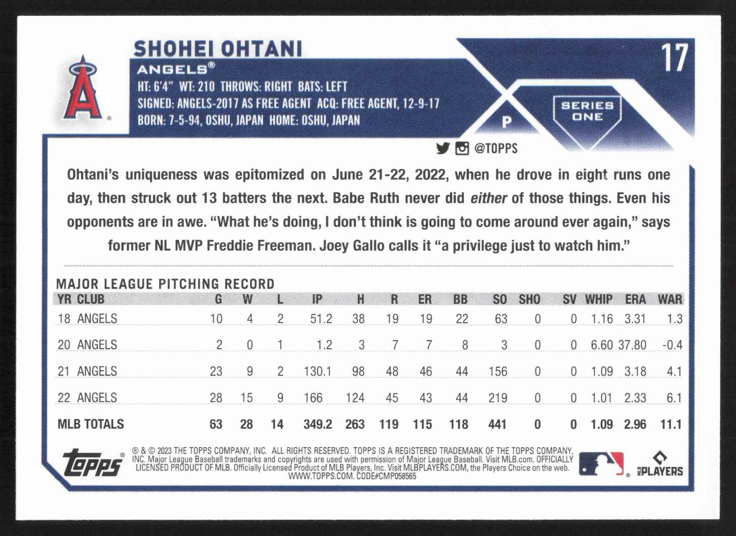 2023 Topps Shohei Ohtani #17 card back image