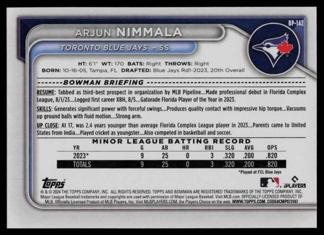 2024 Bowman Prospects Arjun Nimmala #BP-142 card back image