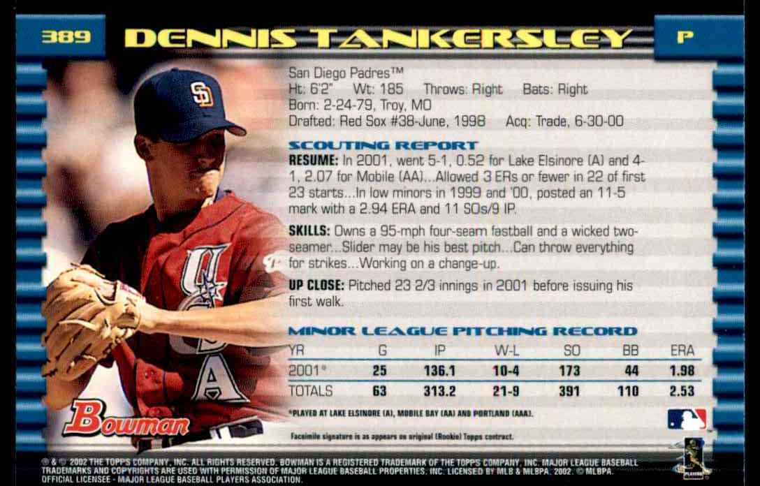 2002 Bowman Bowman Dennis Tankersley #389 card back image