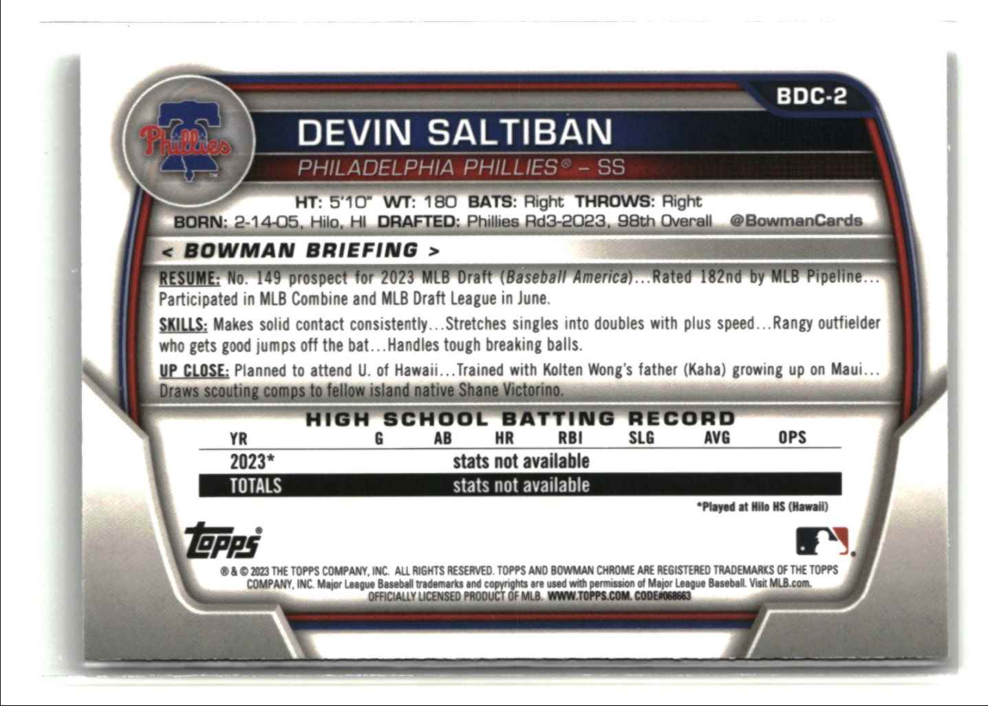 2023 Bowman Draft Chrome Devin Saltiban #BDC-2 card back image