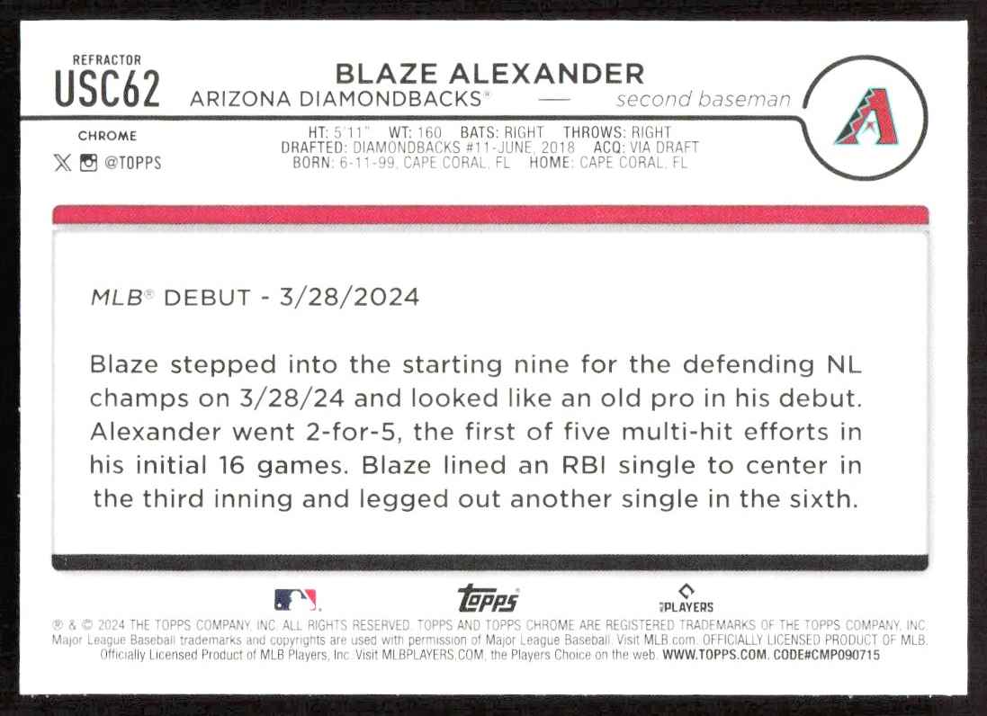2024 5473E Topps Chrome Update REFRACTOR Blaze Alexander #USC62 card back image