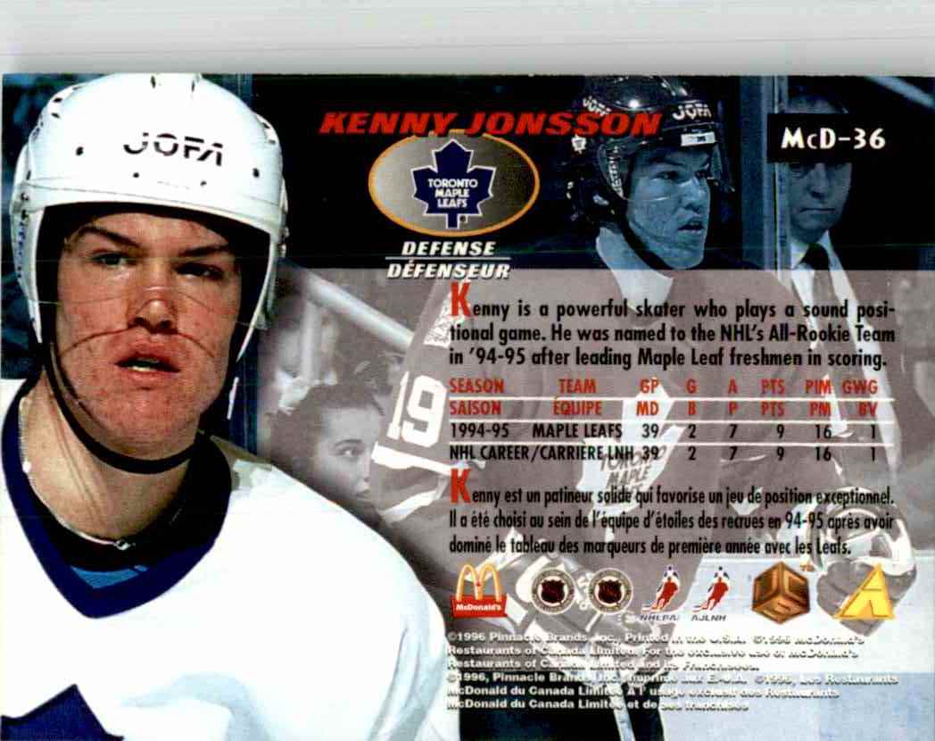 1995-96 Pinnacle McDomald's Kenny Jonsson #MCD- 36 card back image