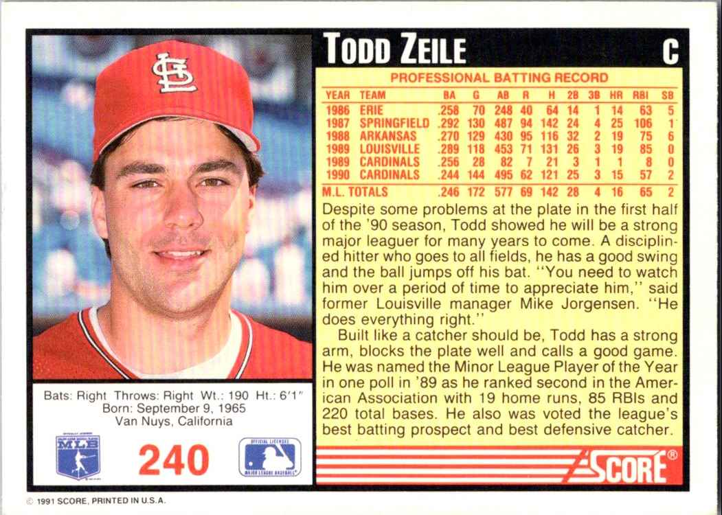 1991 Score Todd Zeile #240 card back image