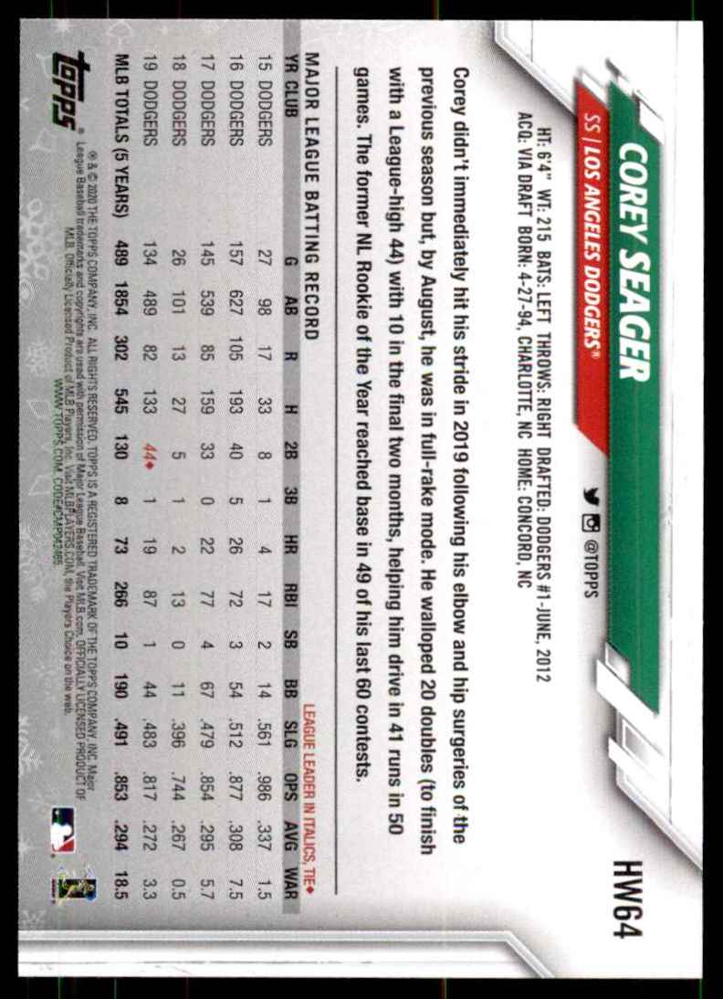 2020 Topps Walmart Holiday Corey Seager #HW64 card back image