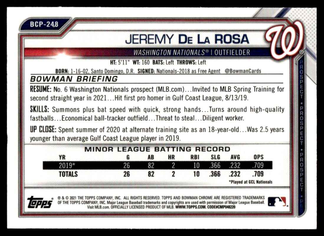 2021 Bowman Chrome Prospects Mojo Refractor Jeremy De La Rosa #BCP-248 card back image