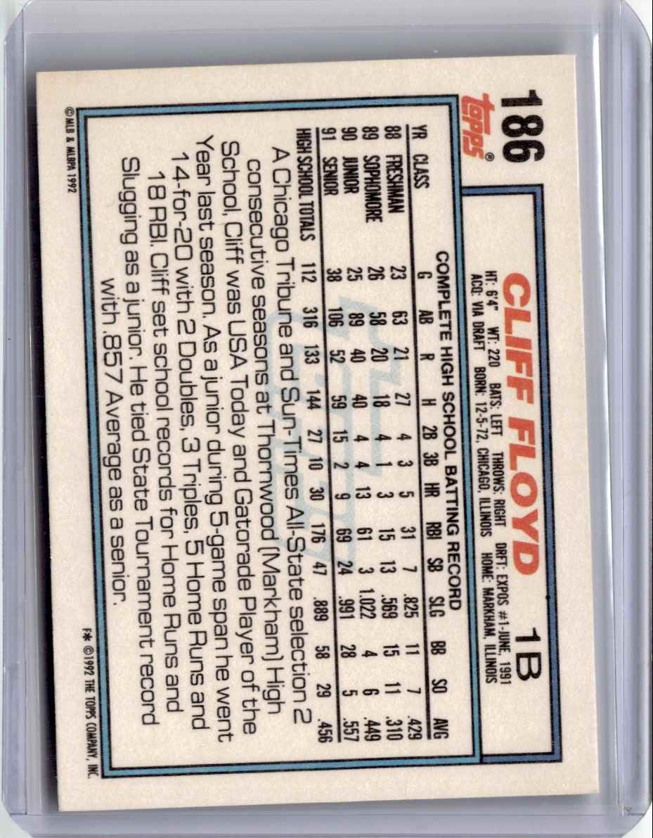 1992 Topps Baseball Card Cliff Floyd #186 card back image