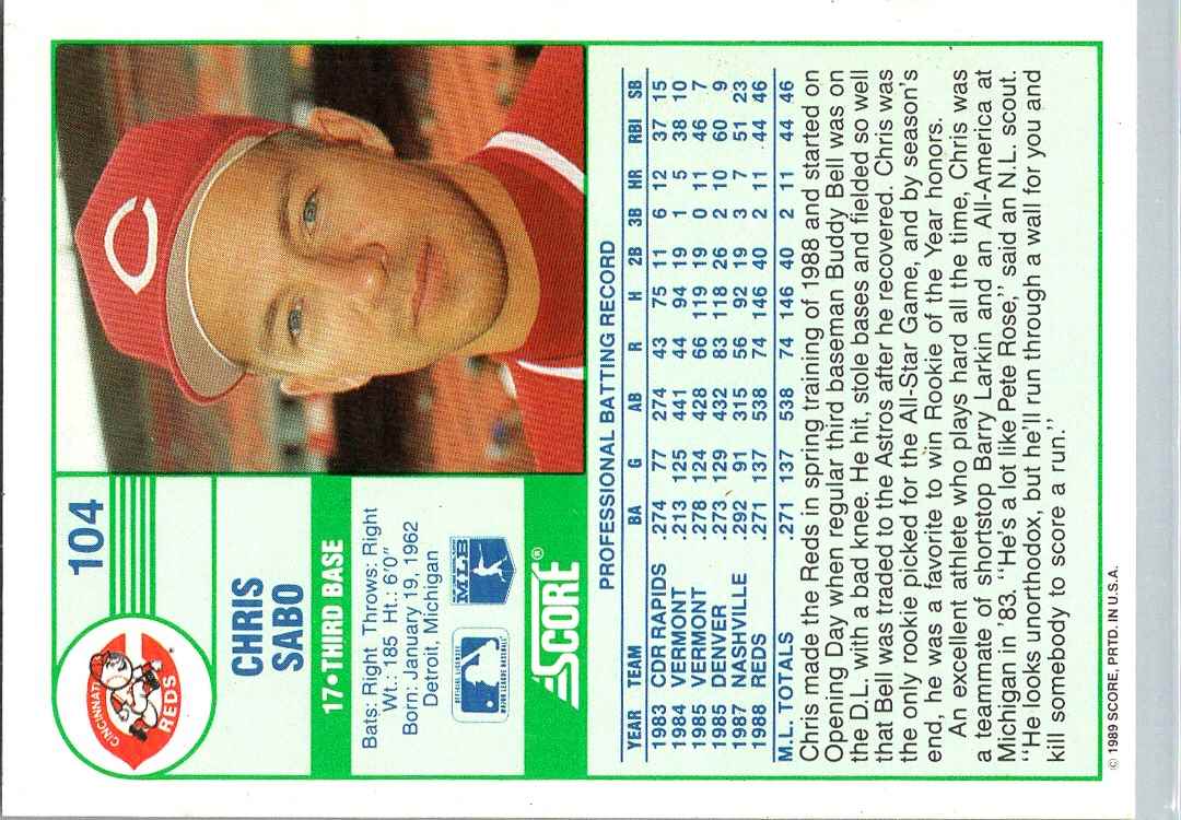 1989 Score Chris Sabo #104 card back image