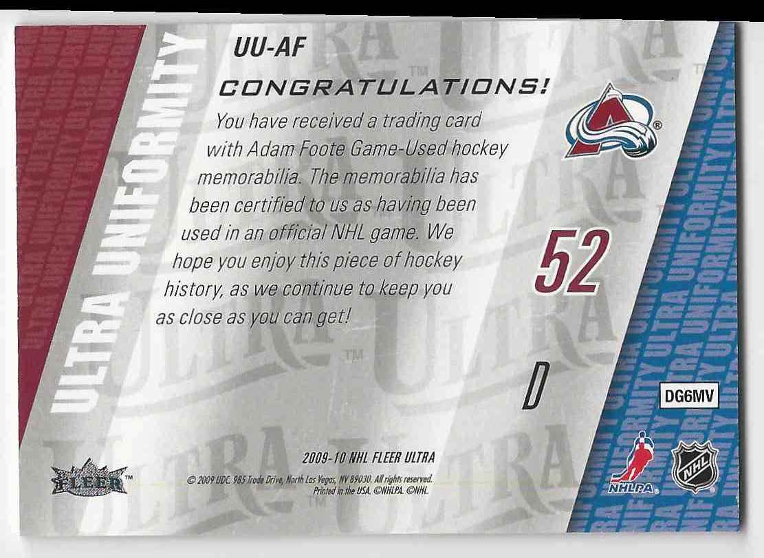 2009-10 Ultra Uniformity Adam Foote #UU-AF card back image