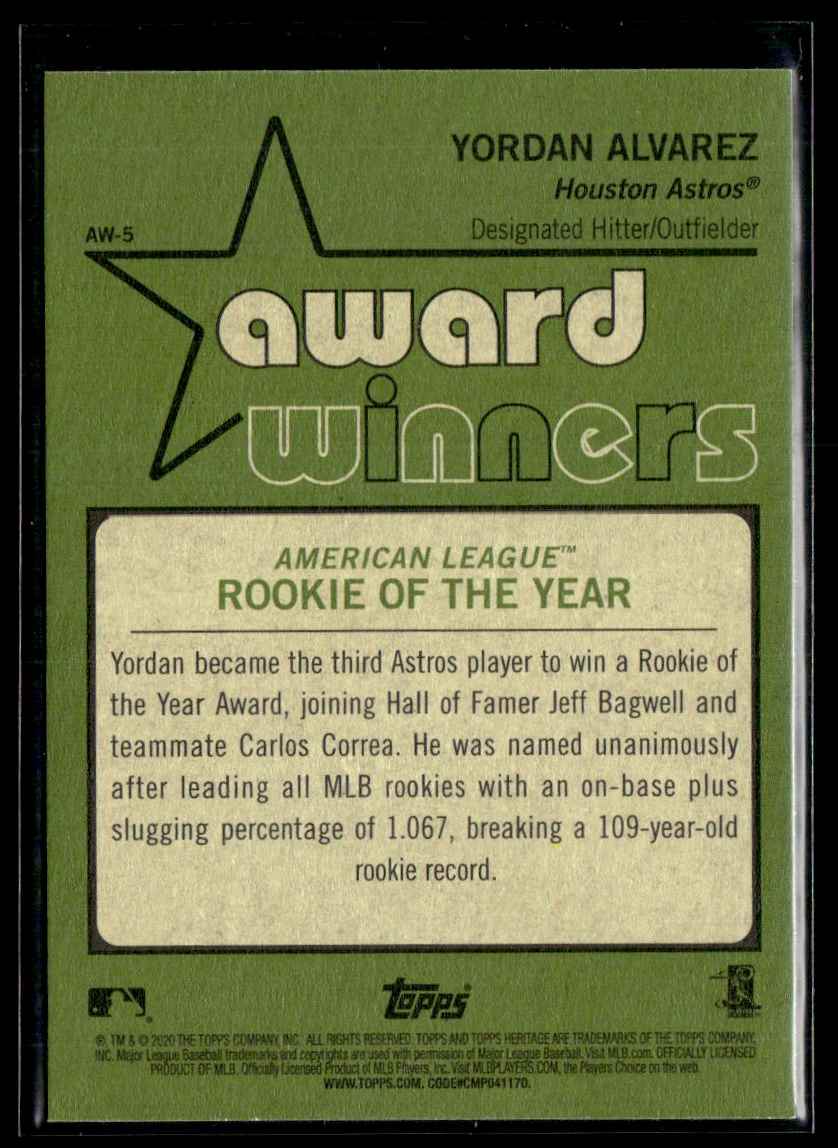 2020 Topps Heritage Award Winners Yordan Alvarez #AW-5 card back image
