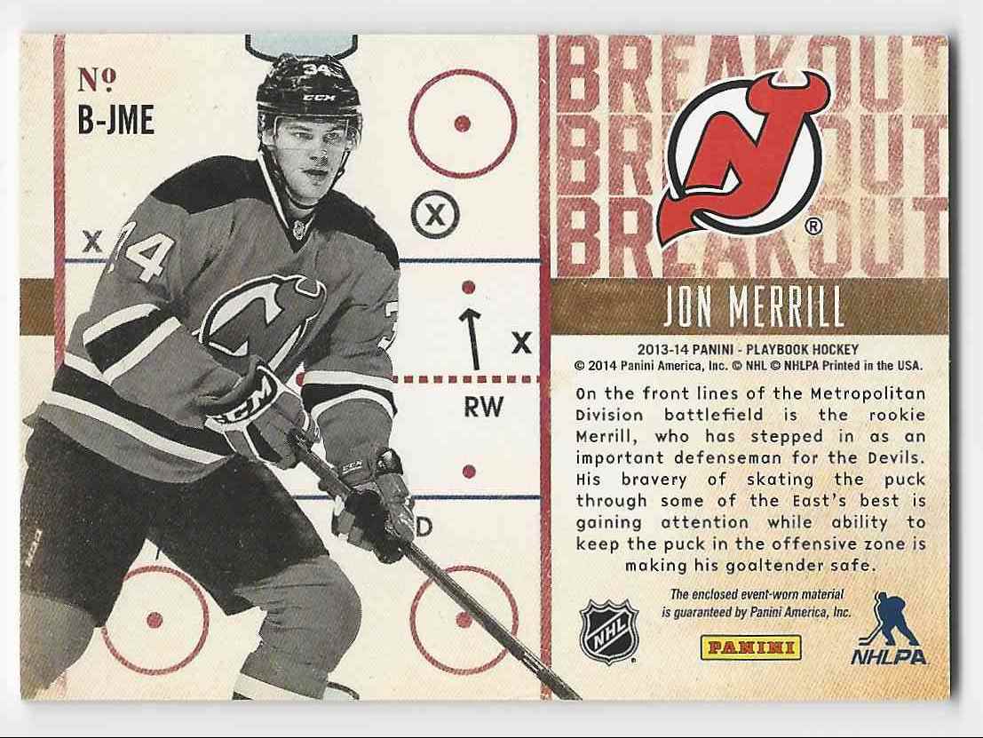 2013-14 Panini Playbook Breakout Jerseys Jon Merrill #B-JME card back image