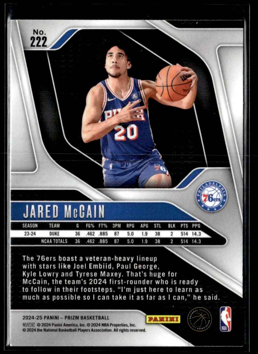 2024-25 Panini Prizm Jared McCain #222 card back image
