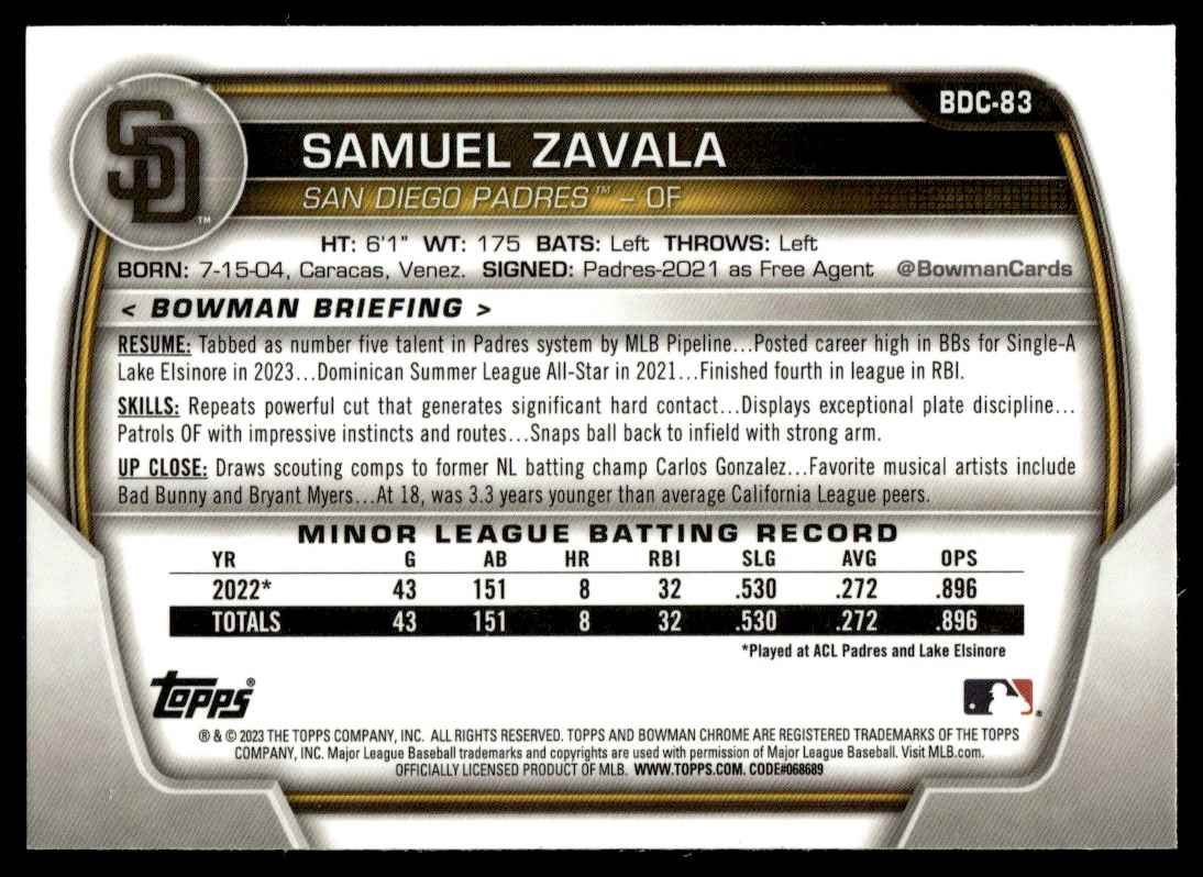 2023 Bowman Draft Chrome Samuel Zavala #BDC-83 card back image