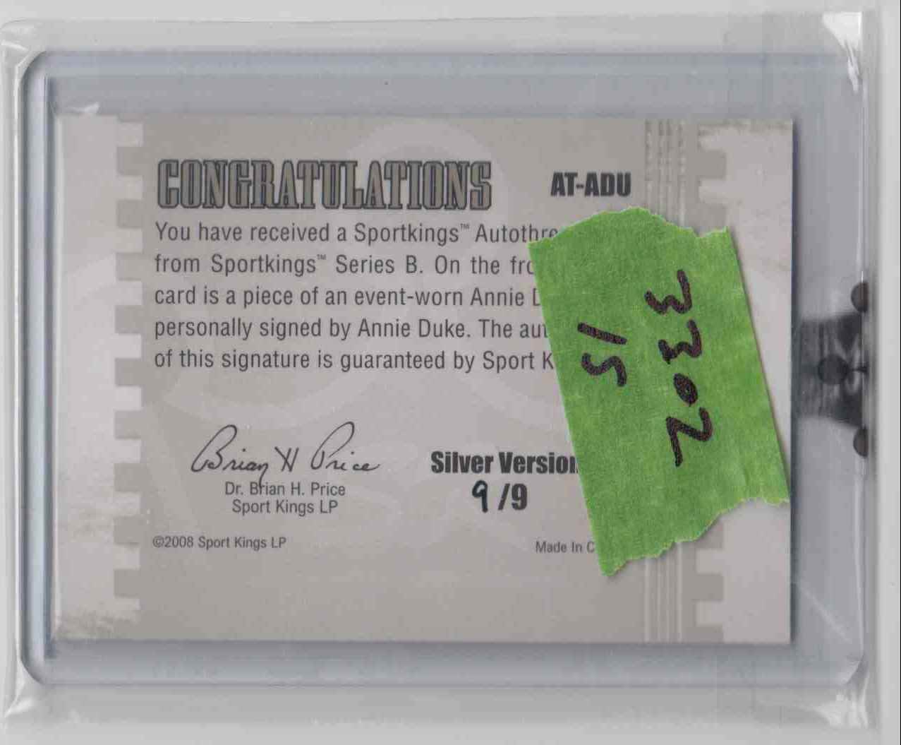 2008 Sportkings Series B Autothread Silver Version /9 Annie Duke #AT-ADU card back image