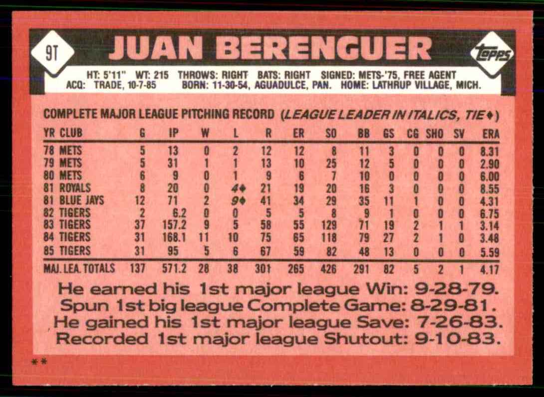 1986 Topps Traded Juan Berenguer B-3283 #9T card back image